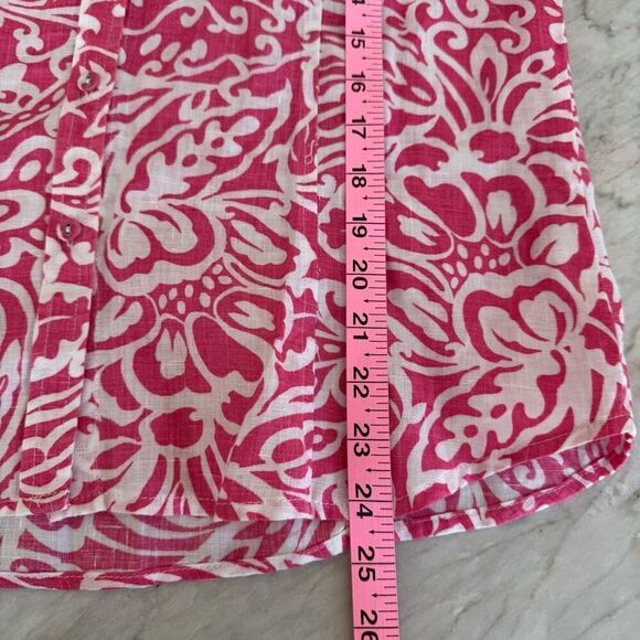 Charter Club Button Up Shirt 100% Linen Pink Floral Geometric roll tab sleeve 8 - Picture 6 of 7